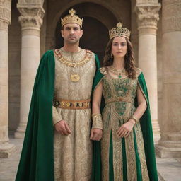 A king and queen with green eyes from the Carthaginian Empire, depicted in royal attire and regalia, against the backdrop of their grand imperial architecture.