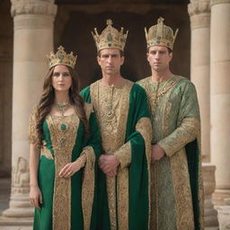 A king and queen with green eyes from the Carthaginian Empire, depicted in royal attire and regalia, against the backdrop of their grand imperial architecture.