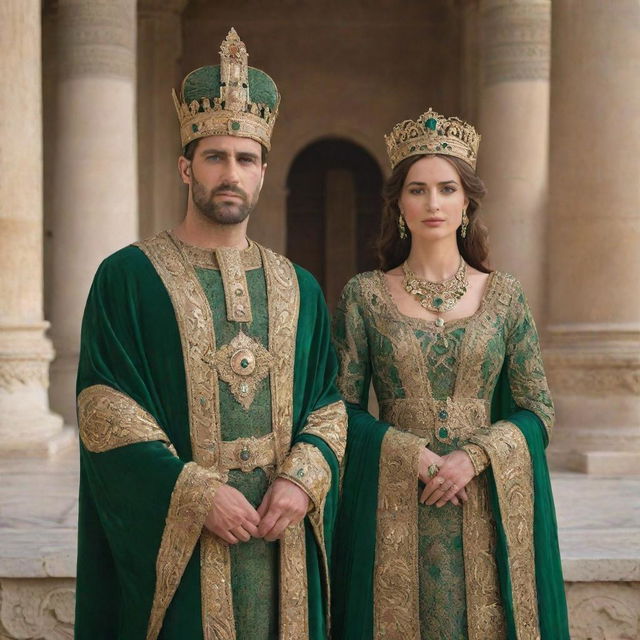 A king and queen with green eyes from the Carthaginian Empire, depicted in royal attire and regalia, against the backdrop of their grand imperial architecture.