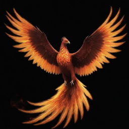 A majestic, fiery phoenix soaring elegantly against a stark black backdrop.