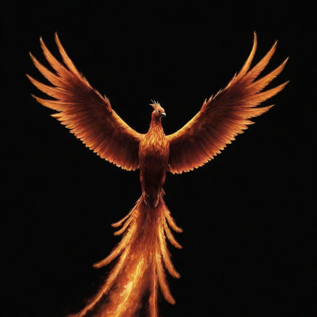 A majestic, fiery phoenix soaring elegantly against a stark black backdrop.