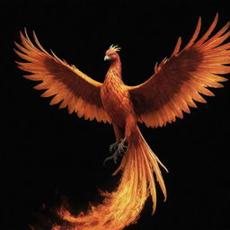 A majestic, fiery phoenix soaring elegantly against a stark black backdrop.