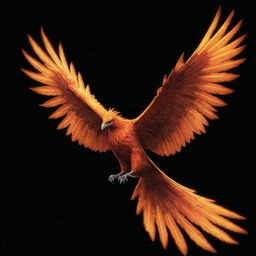 A majestic, fiery phoenix soaring elegantly against a stark black backdrop.