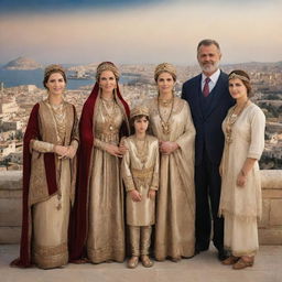 A grand family from the Carthaginian Empire, dressed in wealthy traditional garments, in front of a backdrop of their majestic city.