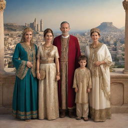 A grand family from the Carthaginian Empire, dressed in wealthy traditional garments, in front of a backdrop of their majestic city.