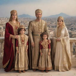 A grand family from the Carthaginian Empire, dressed in wealthy traditional garments, in front of a backdrop of their majestic city.