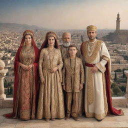 A grand family from the Carthaginian Empire, dressed in wealthy traditional garments, in front of a backdrop of their majestic city.