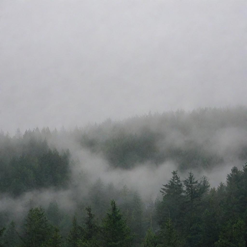 A dense forest filled with layers of thick, swirling fog.