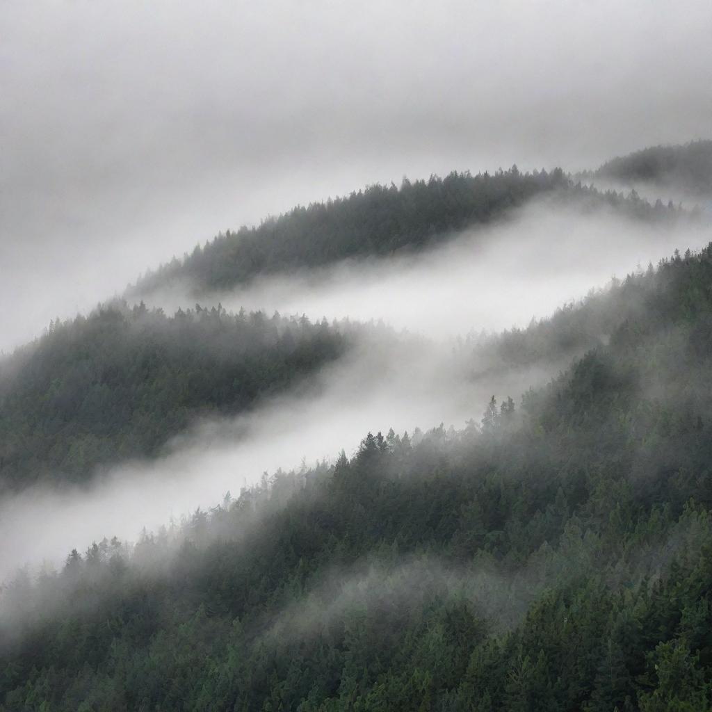 A dense forest filled with layers of thick, swirling fog.