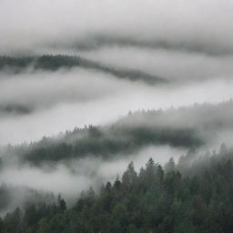 A dense forest filled with layers of thick, swirling fog.