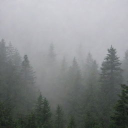 A dense forest filled with layers of thick, swirling fog.