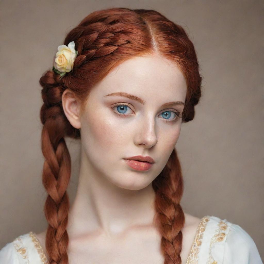 A slender Byzantium queen with alabaster skin, a subtly oval face resembling a springtime rose. Her blue eyes shine vibrantly while well-defined, red-gold eyebrows frame her face. Her red-gold hair cascades in two braids.