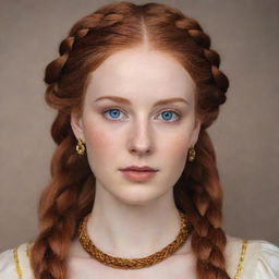 A slender Byzantium queen with alabaster skin, a subtly oval face resembling a springtime rose. Her blue eyes shine vibrantly while well-defined, red-gold eyebrows frame her face. Her red-gold hair cascades in two braids.