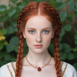 A slender Byzantium queen with alabaster skin, a subtly oval face resembling a springtime rose. Her blue eyes shine vibrantly while well-defined, red-gold eyebrows frame her face. Her red-gold hair cascades in two braids.