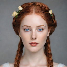 A slender Byzantium queen with alabaster skin, a subtly oval face resembling a springtime rose. Her blue eyes shine vibrantly while well-defined, red-gold eyebrows frame her face. Her red-gold hair cascades in two braids.