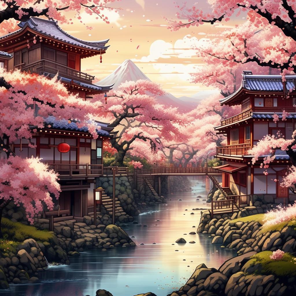 Create a vibrant anime landscape with cherry blossoms and a tranquil river flowing through an ancient Japanese village.