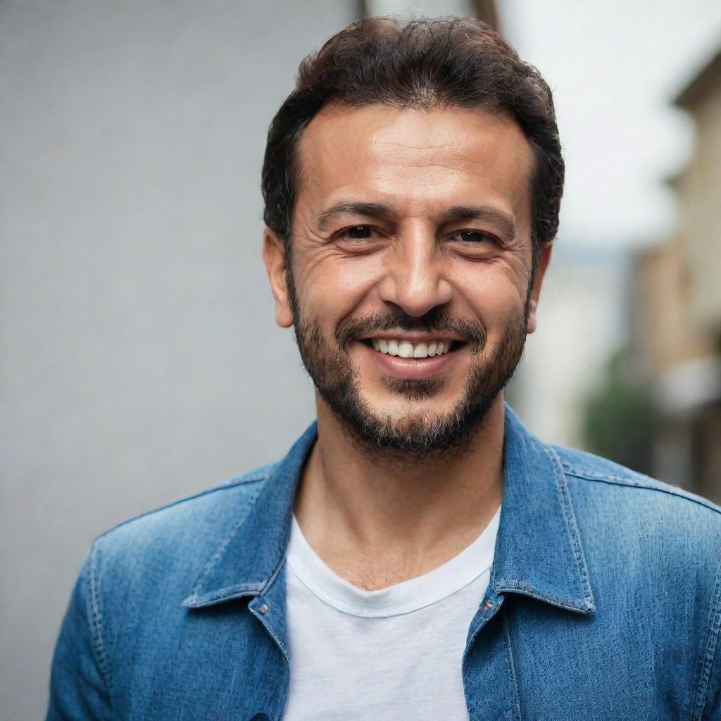 A realistic portrait of the Turkish singer Ibrahim Tatlıses in a casual outfit, with a charismatic smile on his face.