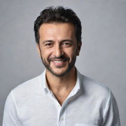 A realistic portrait of the Turkish singer Ibrahim Tatlıses in a casual outfit, with a charismatic smile on his face.