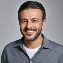 A realistic portrait of the Turkish singer Ibrahim Tatlıses in a casual outfit, with a charismatic smile on his face.