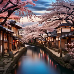 Create a vibrant anime landscape with cherry blossoms and a tranquil river flowing through an ancient Japanese village.