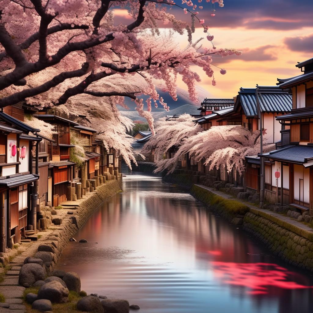 Create a vibrant anime landscape with cherry blossoms and a tranquil river flowing through an ancient Japanese village.