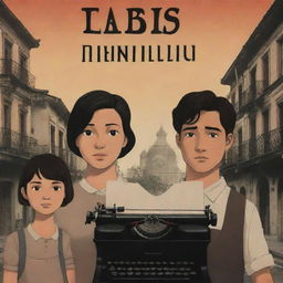 Animated book cover showcasing two friends, one male and one female, lost in the Intramuros district during the Spanish era in the Philippines. The male character is holding a typewriter. In the background their other male friend is depicted as ominous and threatening.