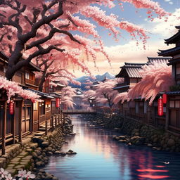 Create a vibrant anime landscape with cherry blossoms and a tranquil river flowing through an ancient Japanese village.