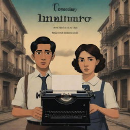 Animated book cover showcasing two friends, one male and one female, lost in the Intramuros district during the Spanish era in the Philippines. The male character is holding a typewriter. In the background their other male friend is depicted as ominous and threatening.