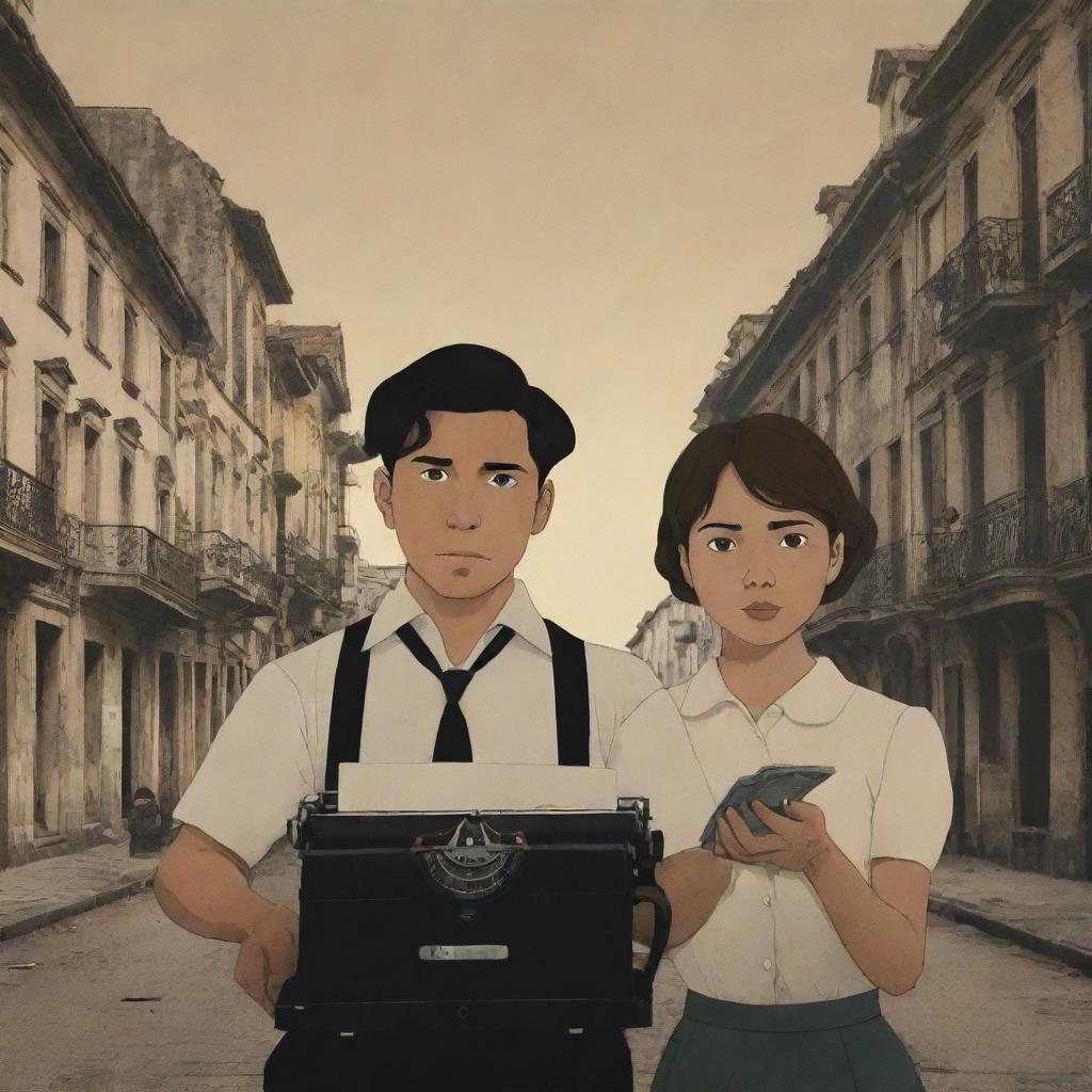 Animated book cover showcasing two friends, one male and one female, lost in the Intramuros district during the Spanish era in the Philippines. The male character is holding a typewriter. In the background their other male friend is depicted as ominous and threatening.