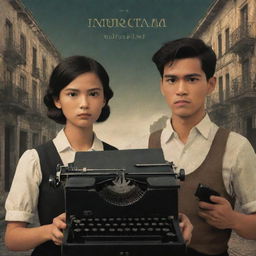 Animated book cover showcasing two friends, one male and one female, lost in the Intramuros district during the Spanish era in the Philippines. The male character is holding a typewriter. In the background their other male friend is depicted as ominous and threatening.