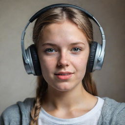 A photorealistic portrait of a girl wearing headphones, capturing natural and relaxed expressions, with emphasis on the detail of the headphones and her hairstyle.