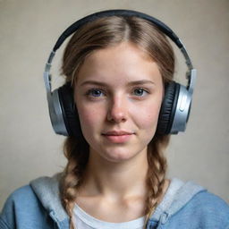 A photorealistic portrait of a girl wearing headphones, capturing natural and relaxed expressions, with emphasis on the detail of the headphones and her hairstyle.