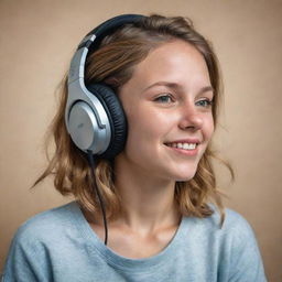 A photorealistic portrait of a girl wearing headphones, capturing natural and relaxed expressions, with emphasis on the detail of the headphones and her hairstyle.