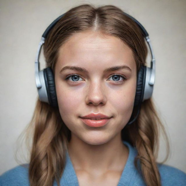 A photorealistic portrait of a girl wearing headphones, capturing natural and relaxed expressions, with emphasis on the detail of the headphones and her hairstyle.