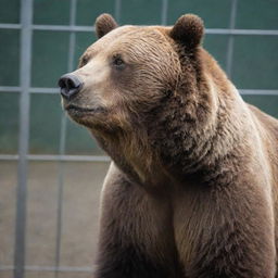 A grizzly bear amusingly interacting with its surroundings within a spacious cage.