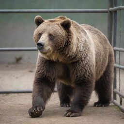 A grizzly bear amusingly interacting with its surroundings within a spacious cage.