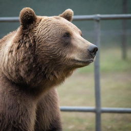 A grizzly bear amusingly interacting with its surroundings within a spacious cage.