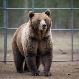 A grizzly bear amusingly interacting with its surroundings within a spacious cage.