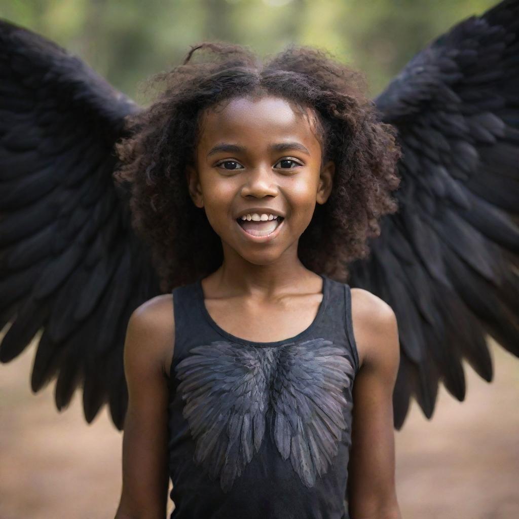 A young black girl with detailed harpy features, her wings wide and majestic, and her expression full of strength.