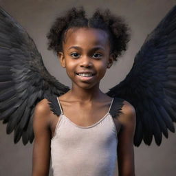 A young black girl with detailed harpy features, her wings wide and majestic, and her expression full of strength.