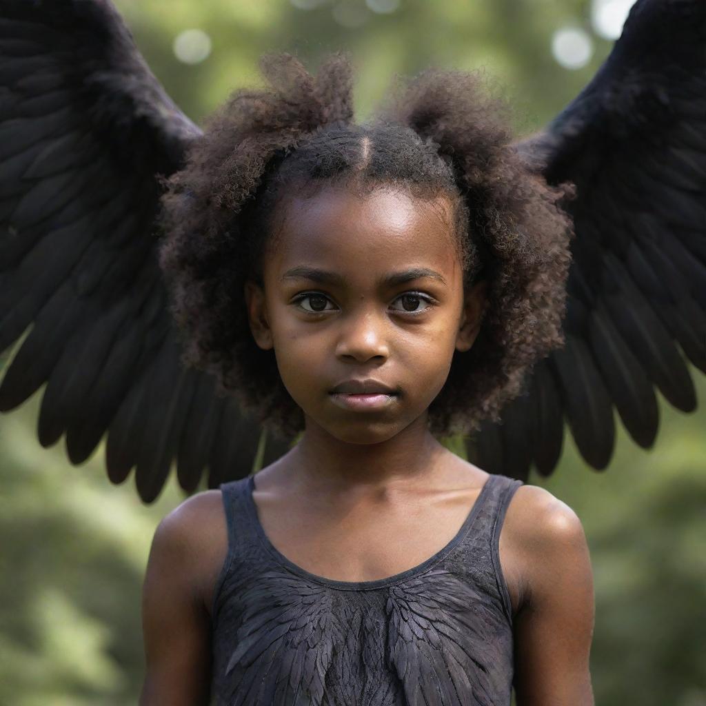 A young black girl with detailed harpy features, her wings wide and majestic, and her expression full of strength.