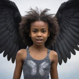 A young black girl with detailed harpy features, her wings wide and majestic, and her expression full of strength.