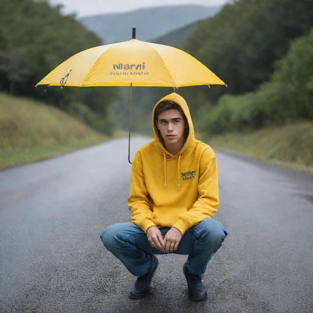 A 20-year-old boy sitting on the road with an umbrella in hand, wearing a yellow hoodie emblazoned with the word 'MARRIJ', in an enhanced, picturesque setting.