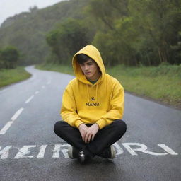 A 20-year-old boy sitting on the road with an umbrella in hand, wearing a yellow hoodie emblazoned with the word 'MARRIJ', in an enhanced, picturesque setting.