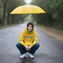 A 20-year-old boy sitting on the road with an umbrella in hand, wearing a yellow hoodie emblazoned with the word 'MARRIJ', in an enhanced, picturesque setting.