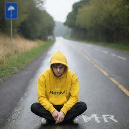 A 20-year-old boy sitting on the road with an umbrella in hand, wearing a yellow hoodie emblazoned with the word 'MARRIJ', in an enhanced, picturesque setting.