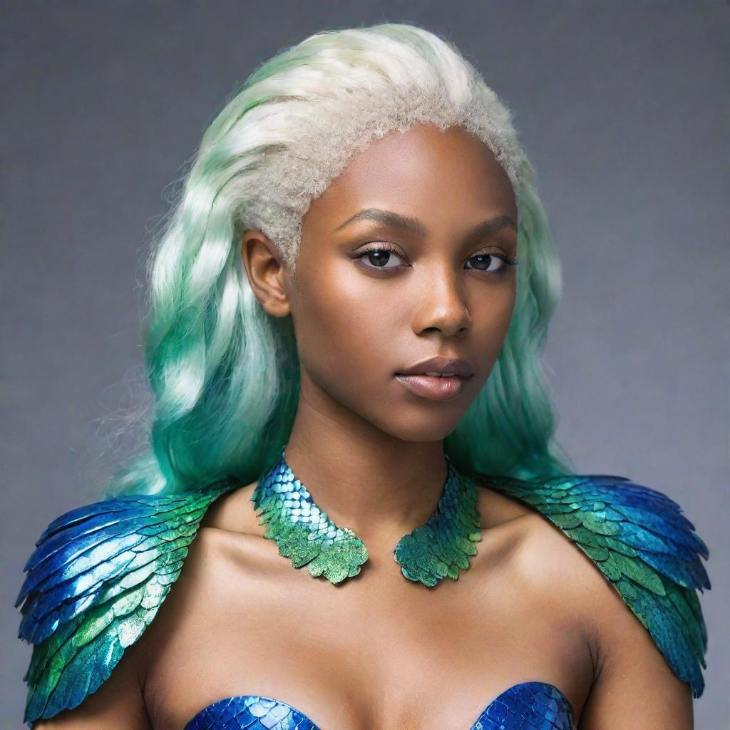 A black girl with shiny platinum blonde hair, glistening green and blue scales adorning her shoulders, and unique, fin-like structures protruding from her ribs.