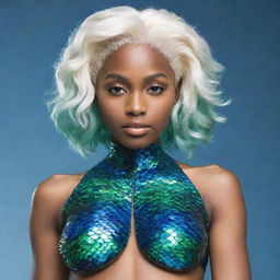 A black girl with shiny platinum blonde hair, glistening green and blue scales adorning her shoulders, and unique, fin-like structures protruding from her ribs.