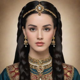 An authoritative female king with a roundish face, almond eyes, long arched eyebrows, a compact straight nose. Her imperial attire is adorned with intricate ornaments and gems. Long black hair in two braids, covered by a flowing veil.