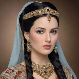 An authoritative female king with a roundish face, almond eyes, long arched eyebrows, a compact straight nose. Her imperial attire is adorned with intricate ornaments and gems. Long black hair in two braids, covered by a flowing veil.